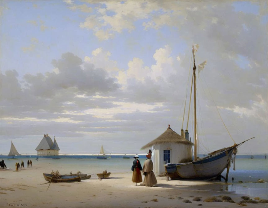 Tranquil beach scene with sailboat, huts, and figure in red cloak gazing at