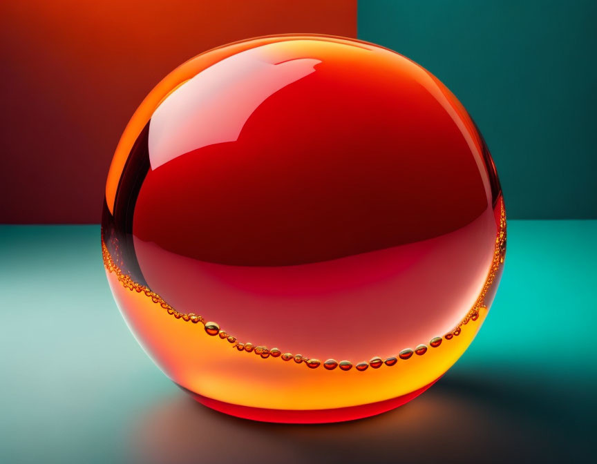 Shiny red-orange sphere on teal and orange background with bubble ring