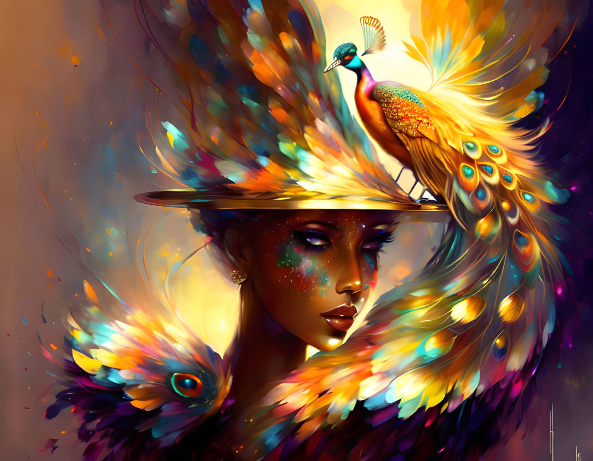 Vibrant woman with peacock features and hat ornament