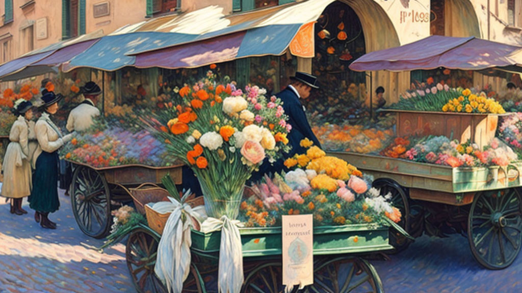 Vibrant flower market scene with colorful blooms and vintage ambiance