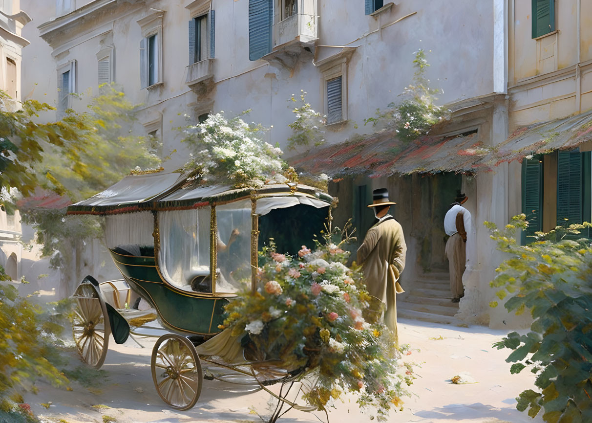 Vintage carriage with flowers parked on sunlit street beside old buildings and two gentlemen standing nearby.