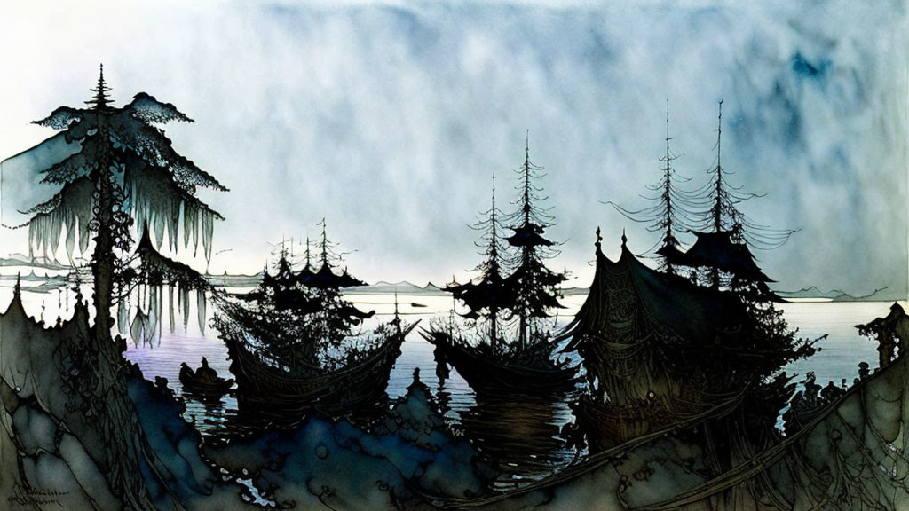 Mystical watercolor landscape with towering trees and ancient structures