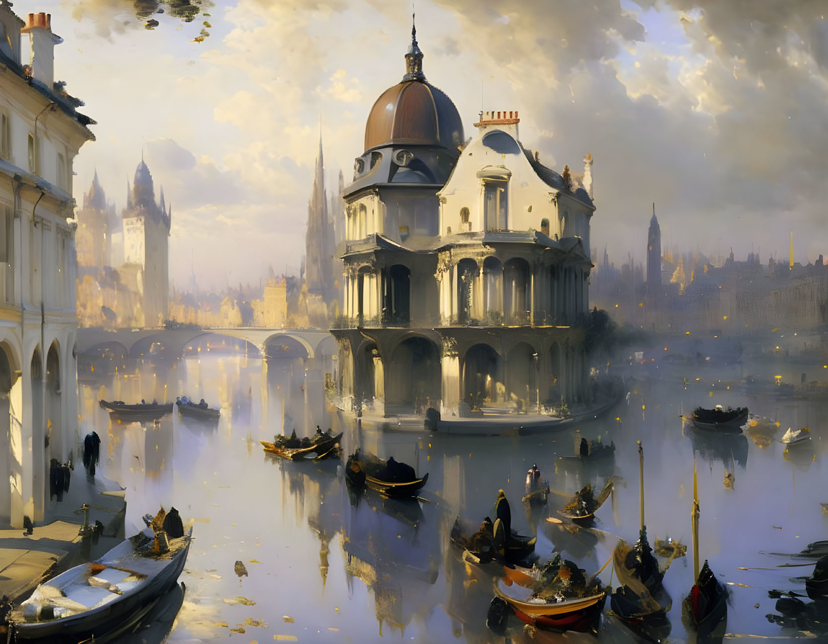 Sunlit Venice-like cityscape with grand dome building, boats, and hazy sky