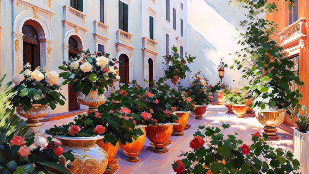 European Alley Painting with Lush Flowers and Architectural Details