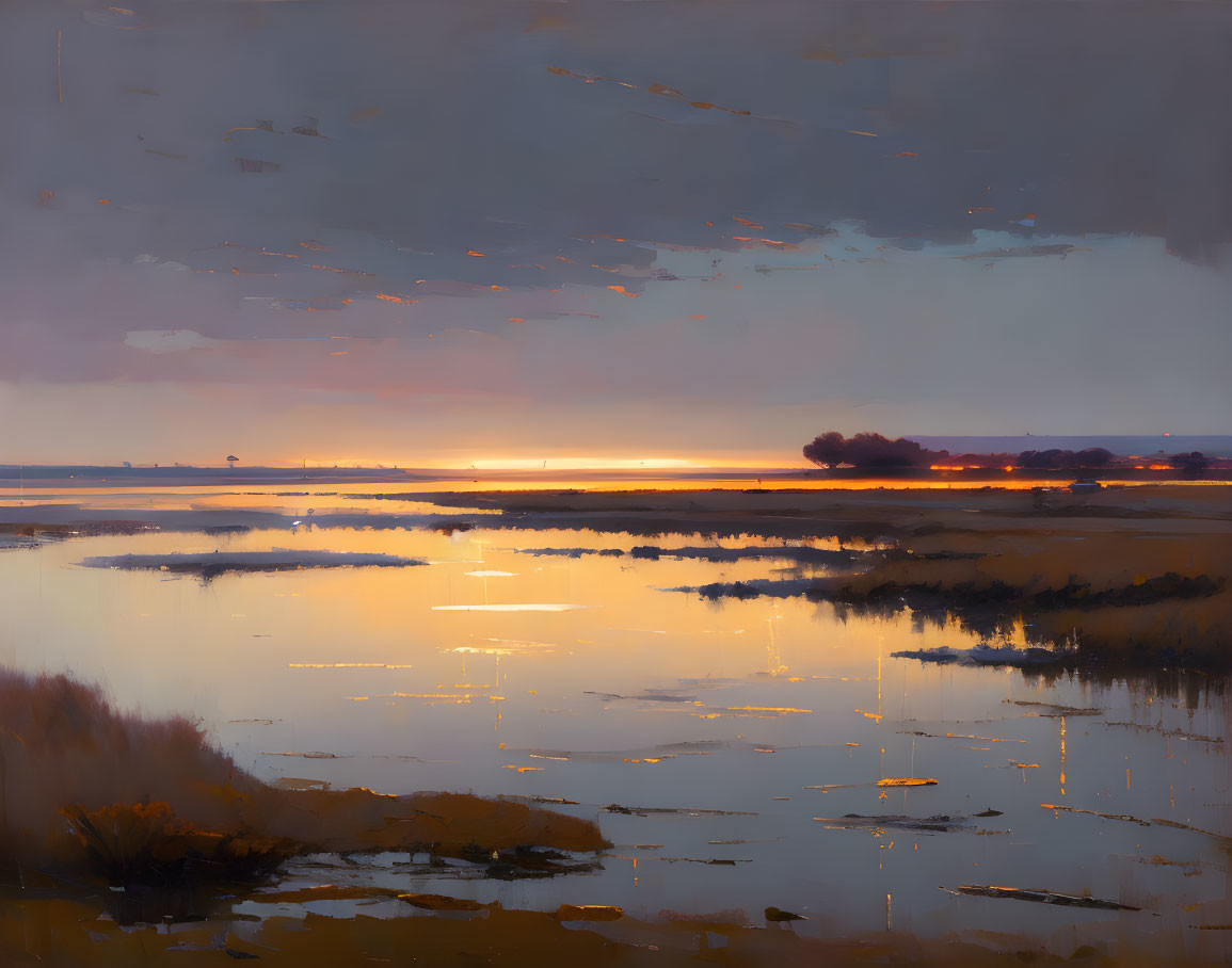 Tranquil Wetland Landscape at Sunset with Reflective Water