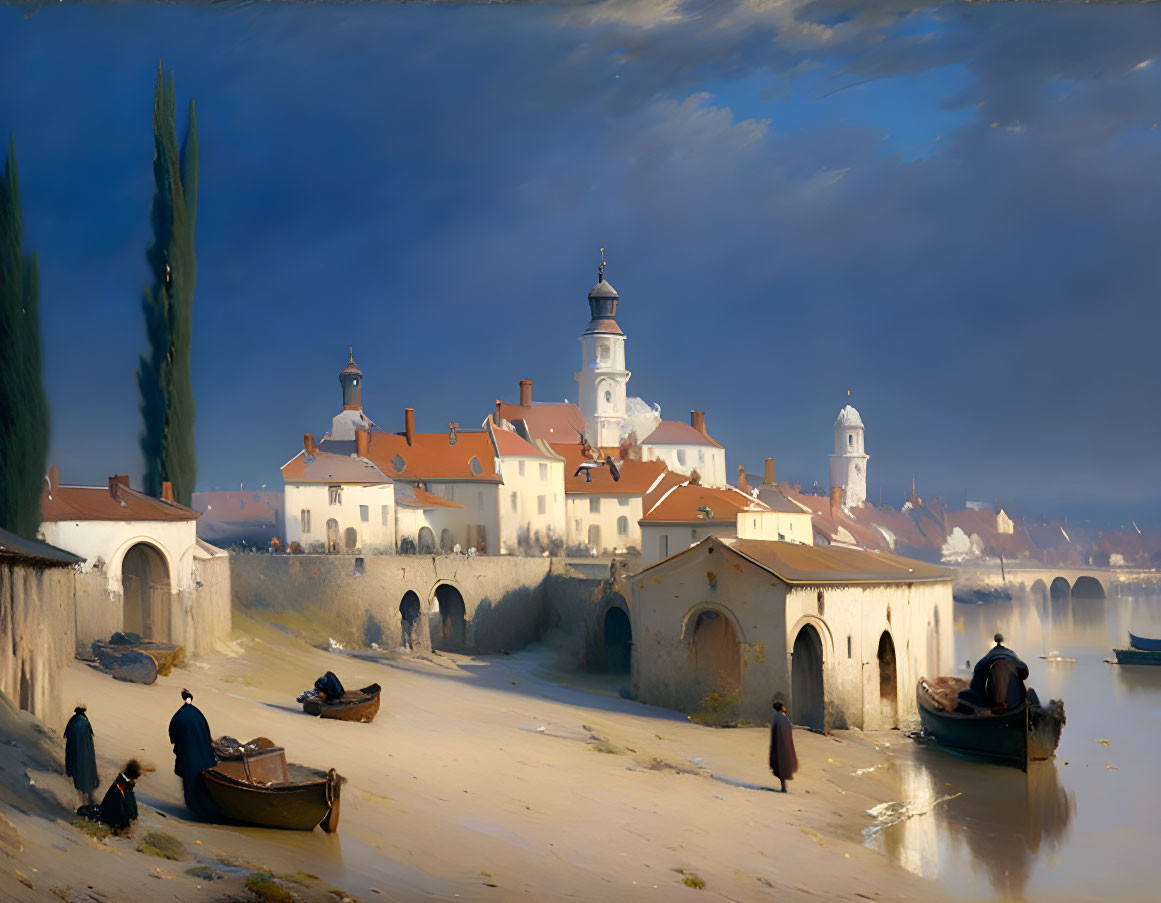 Tranquil riverside town painting at dusk with figures, boats, elegant buildings, and golden sky