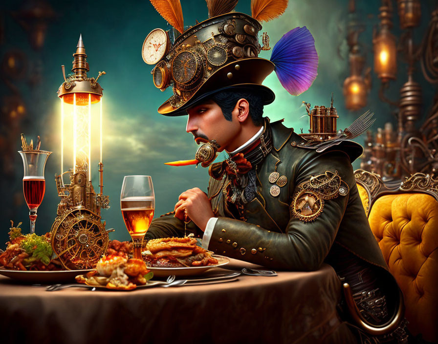 Steampunk-themed man at lavish feast with industrial gadgets in Victorian-era setting