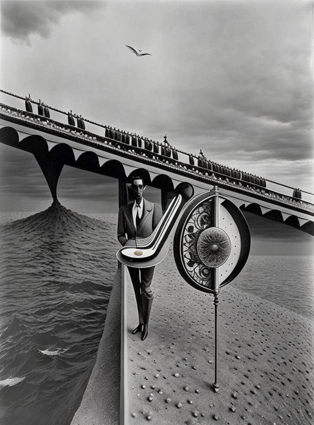 Surreal black and white image of dapper man in giant violin bridge