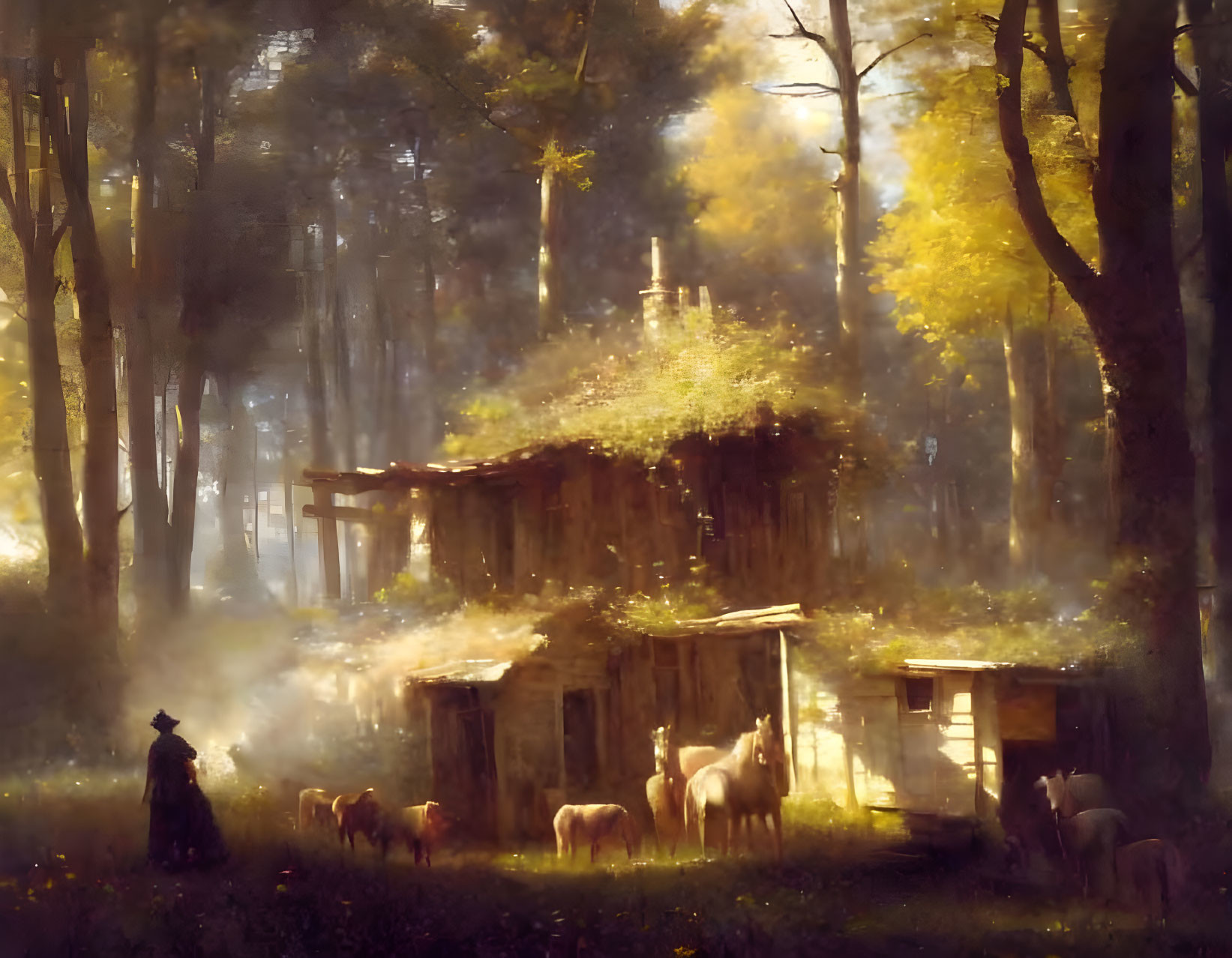 Tranquil forest landscape with cabin, figure, and horses