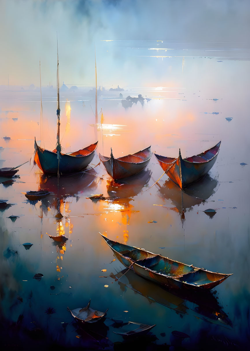 Boats painting: Tranquil waters, sunset sky, reflections