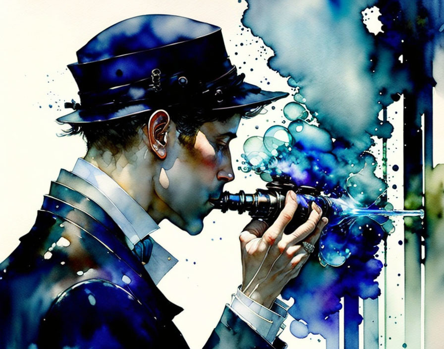 Vintage detective outfit illustration with magnifying glass and abstract effect