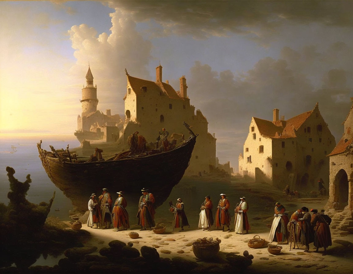 Coastal scene painting with people in period clothing, beached boat, buildings, serene sea,