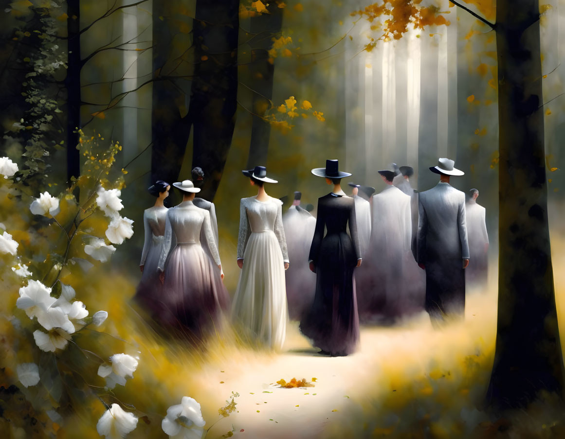 Vintage-clad group strolling in sunlit forest with white flowers