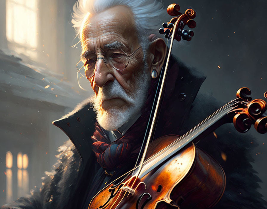 Elderly man with white hair and beard holding a violin in soft window light