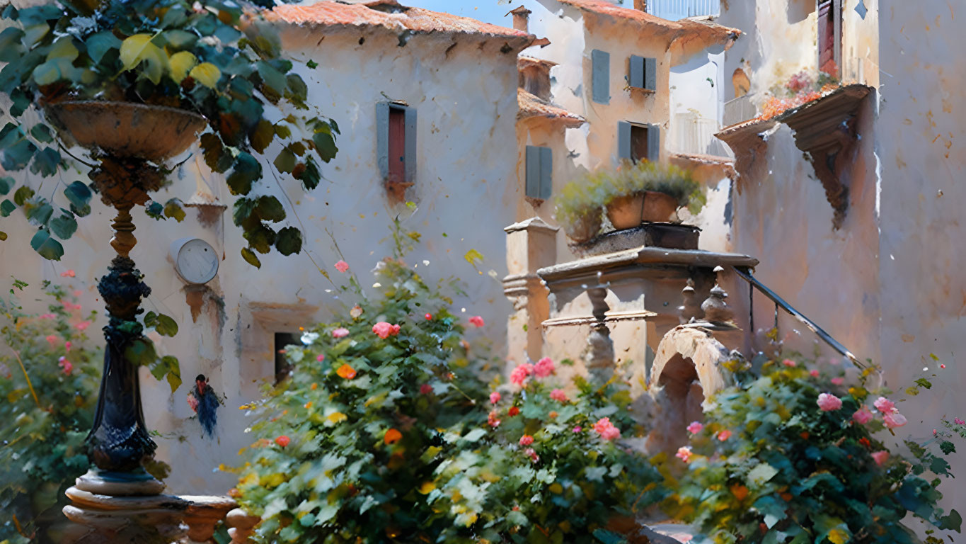 Italian courtyard with weathered walls, blooming flowers, and ornate fountain