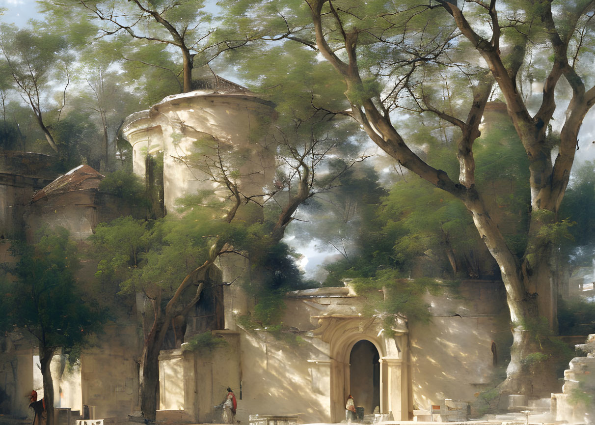 Sunlit ancient ruins with round tower and figure in red near archway