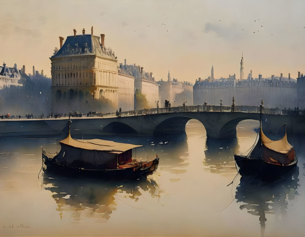 Historical painting: Boats on calm river with arched bridge and grand buildings in serene, golden