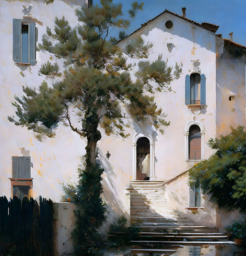 White Mediterranean House with Blue Shutters and Pine Tree in Sunlight