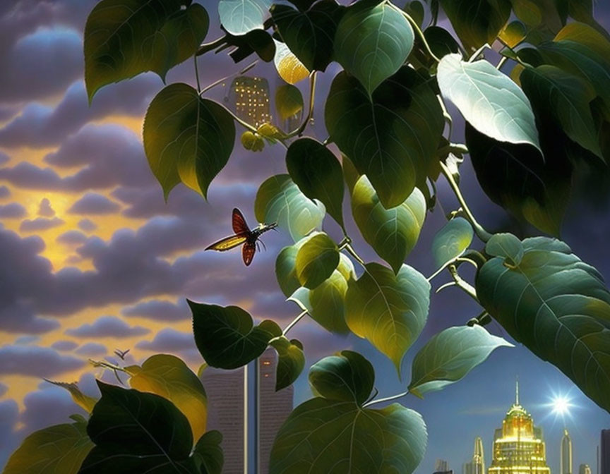 Butterfly among green leaves in twilight cityscape