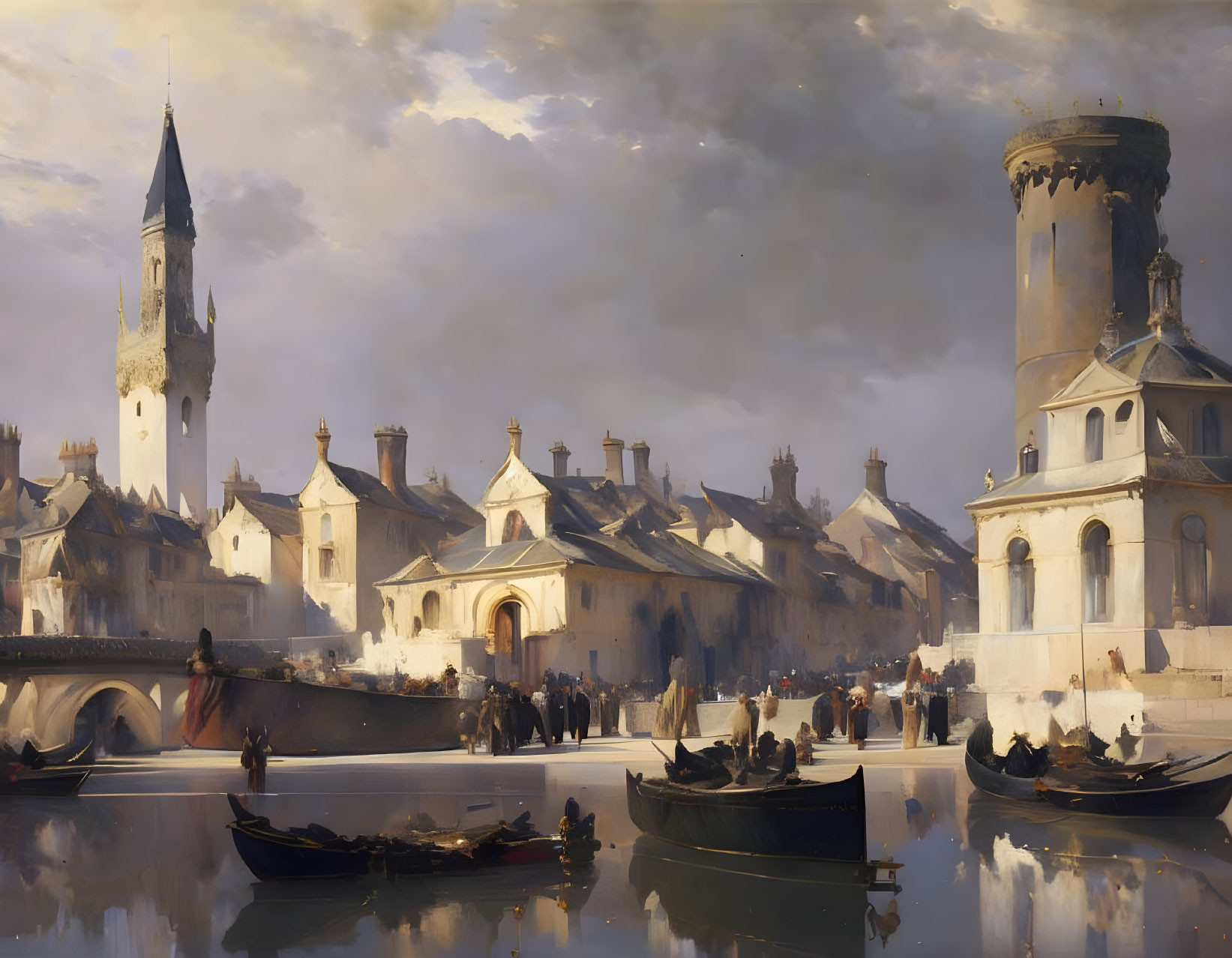 Historical riverside scene with boats and elegant buildings.