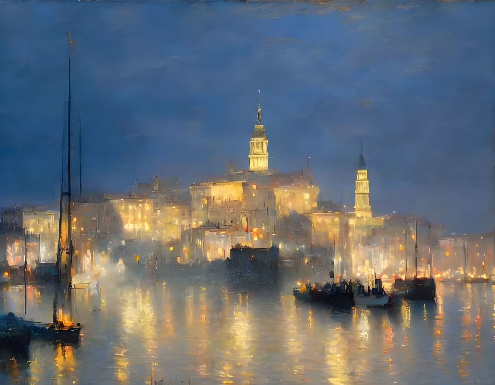 Twilight cityscape painting with glowing lights and boats