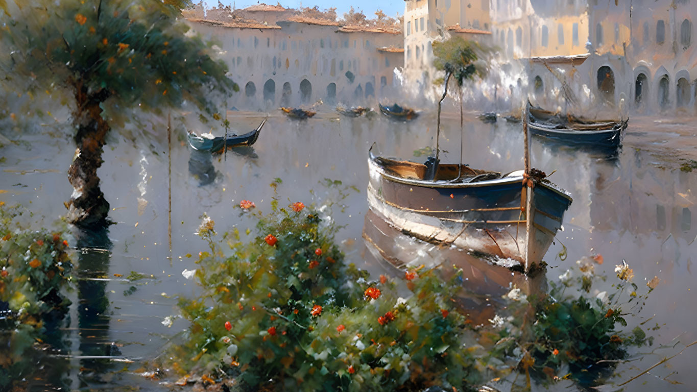 Tranquil painting of moored boats, blossoming tree, and classical architecture