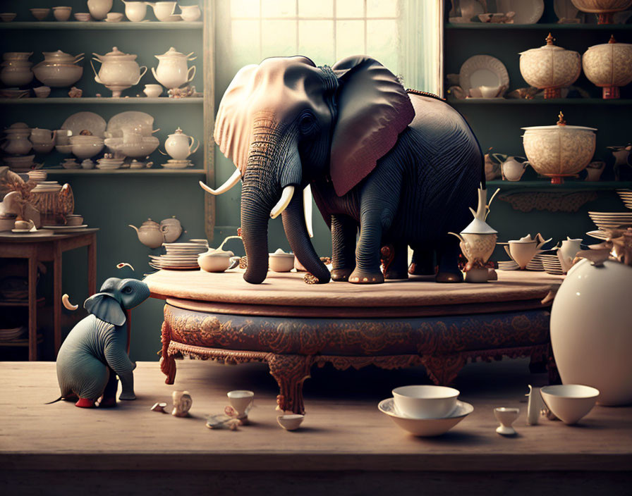 Miniature elephant faces larger one in room with delicate porcelain objects