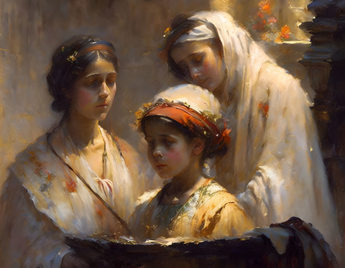 Three Women in Classical Attire Standing Together in Soft Light