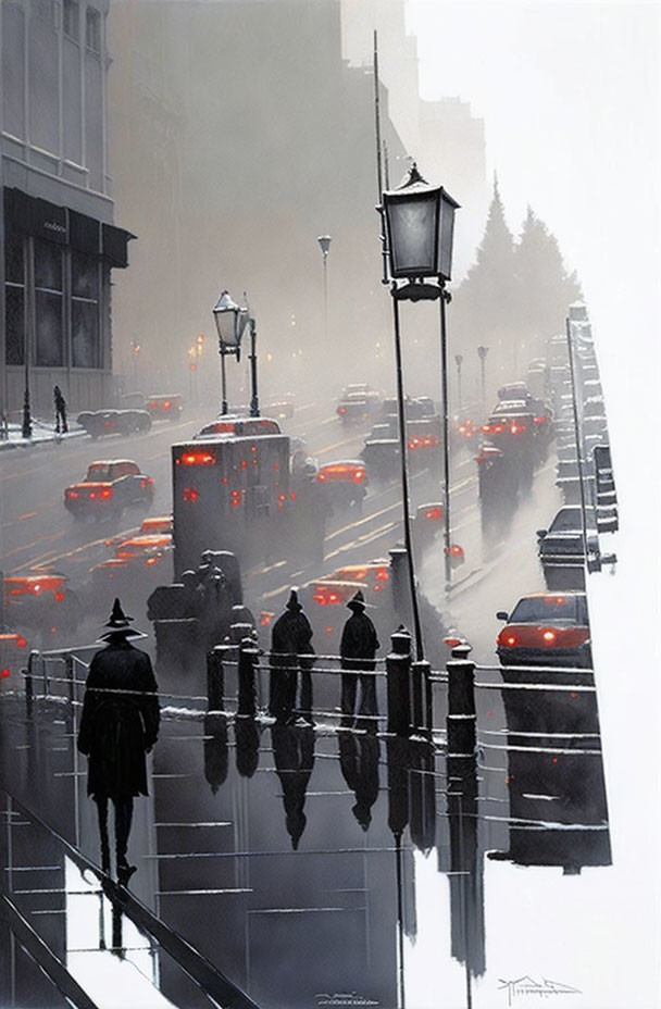 Person in coat and hat gazes at misty city street with red taillights and streetlights