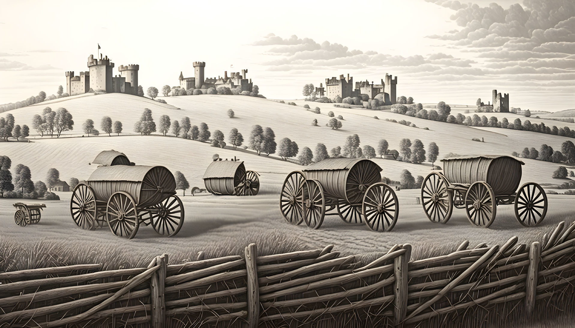 Monochromatic landscape with medieval castles and wagons