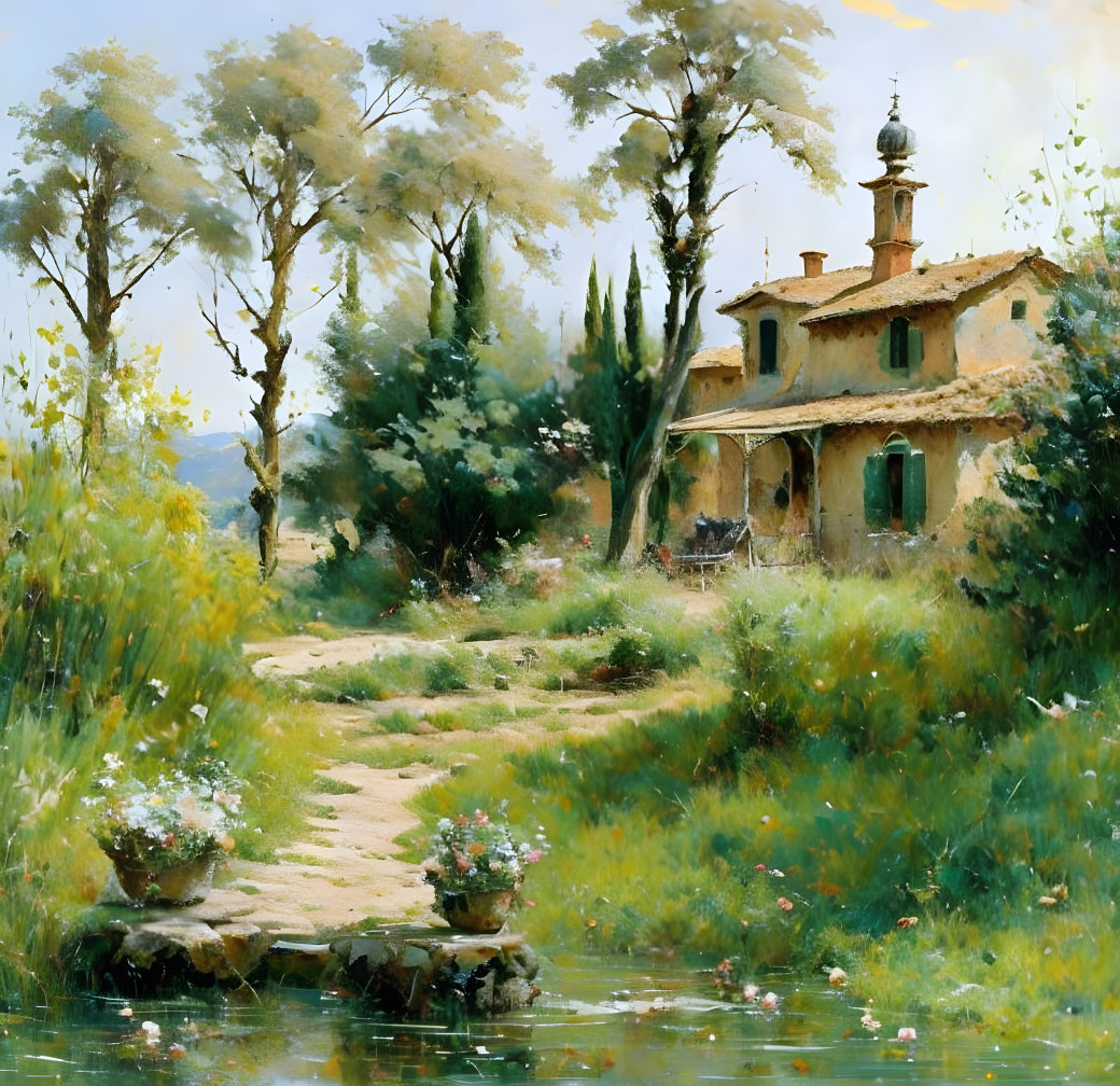 Tranquil painting of charming country house in lush greenery