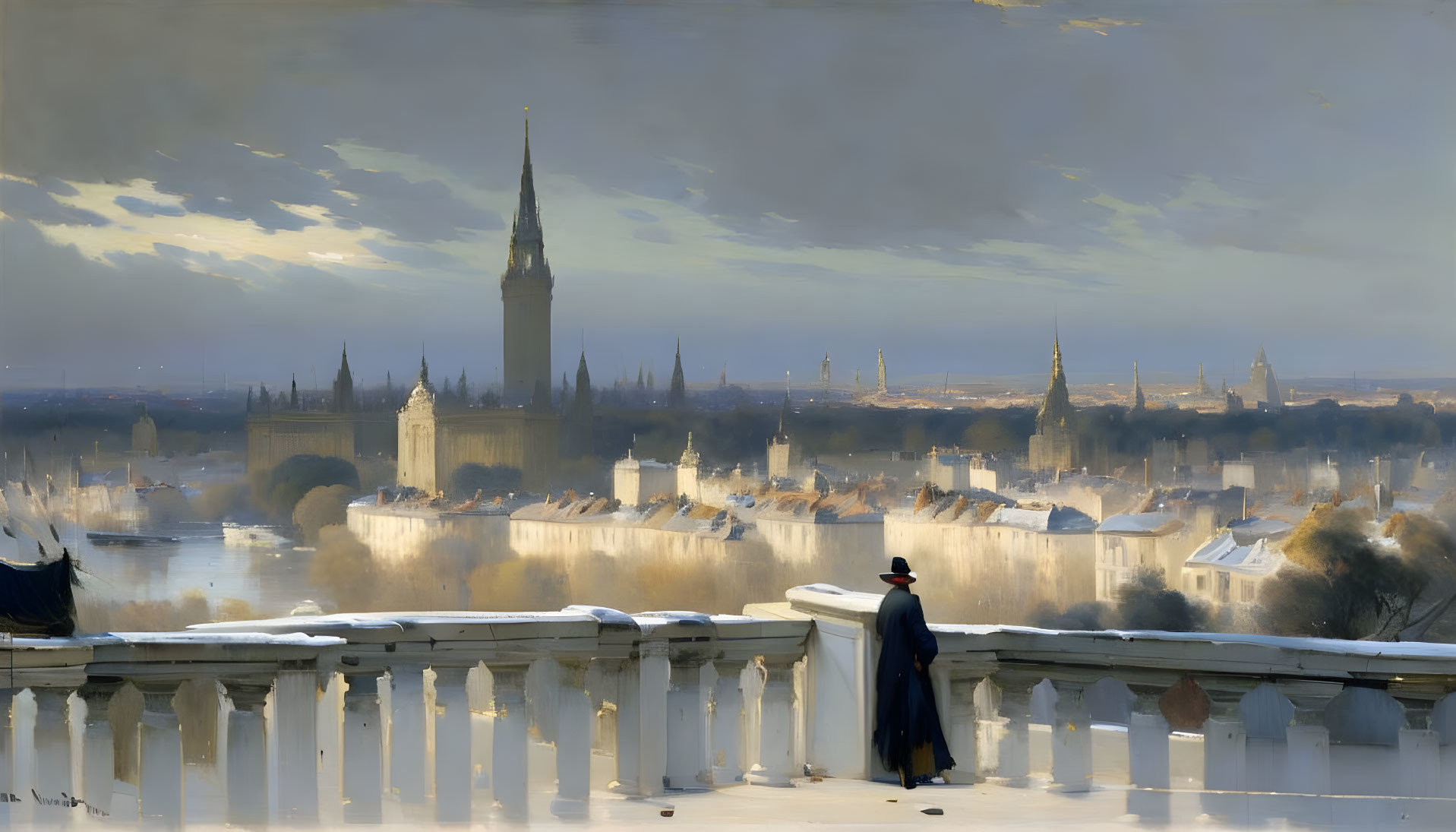 Solitary figure on balcony gazes at cityscape with tall spire under cloudy sky