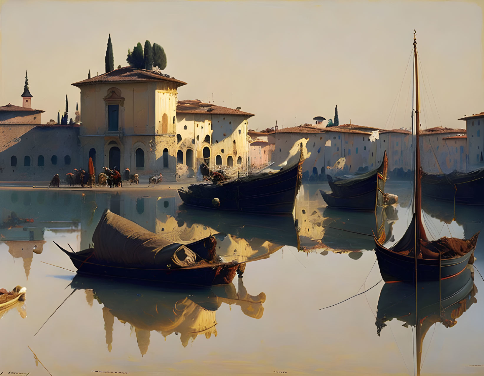 Tranquil waters with moored boats and Italianate building under hazy sky