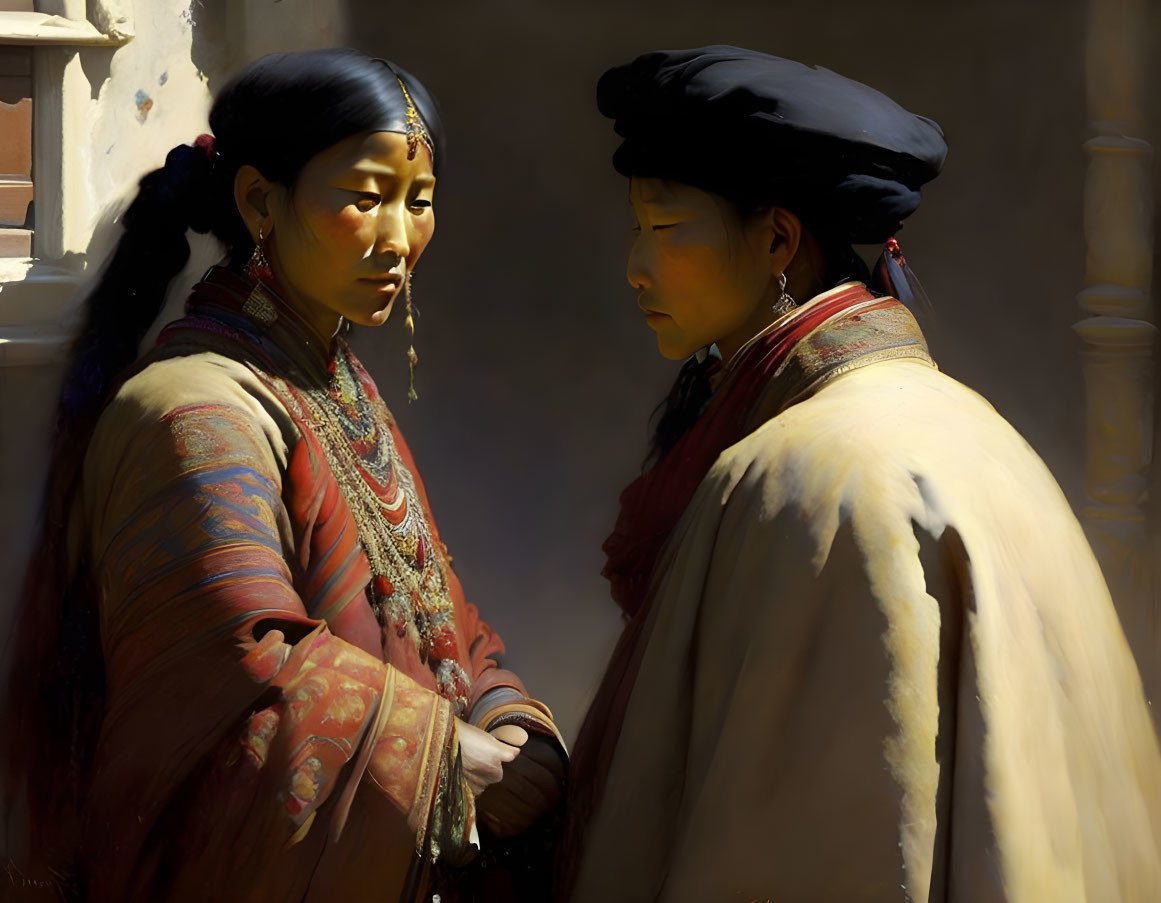 Traditional attire individuals in conversation in sunlit corridor