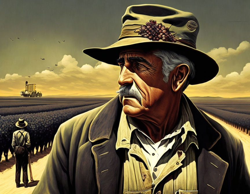 Elder farmer in hat and jacket with berry cluster, field and tractor in background.