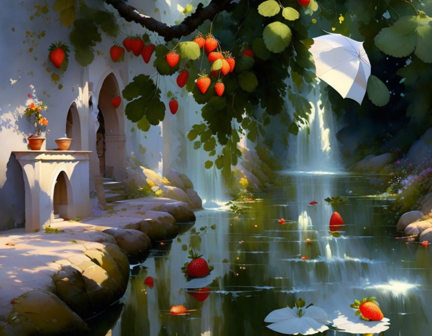 Tranquil Fantasy Garden with Oversized Strawberries and Waterfalls