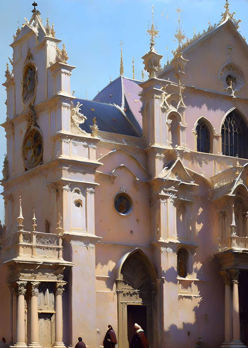 Pink Baroque Church with Decorative Spires and Statues