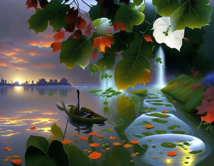 Tranquil lake twilight with lone figure in boat, vibrant foliage, white moth, distant city.