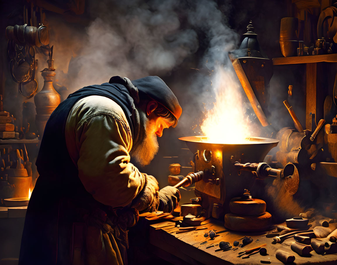 Craftsman in historical attire working at wooden bench with glowing forge