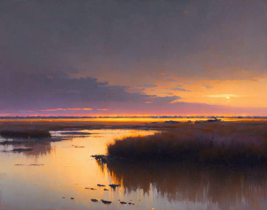 Tranquil Sunset Scene: Marshland with Vibrant Colors