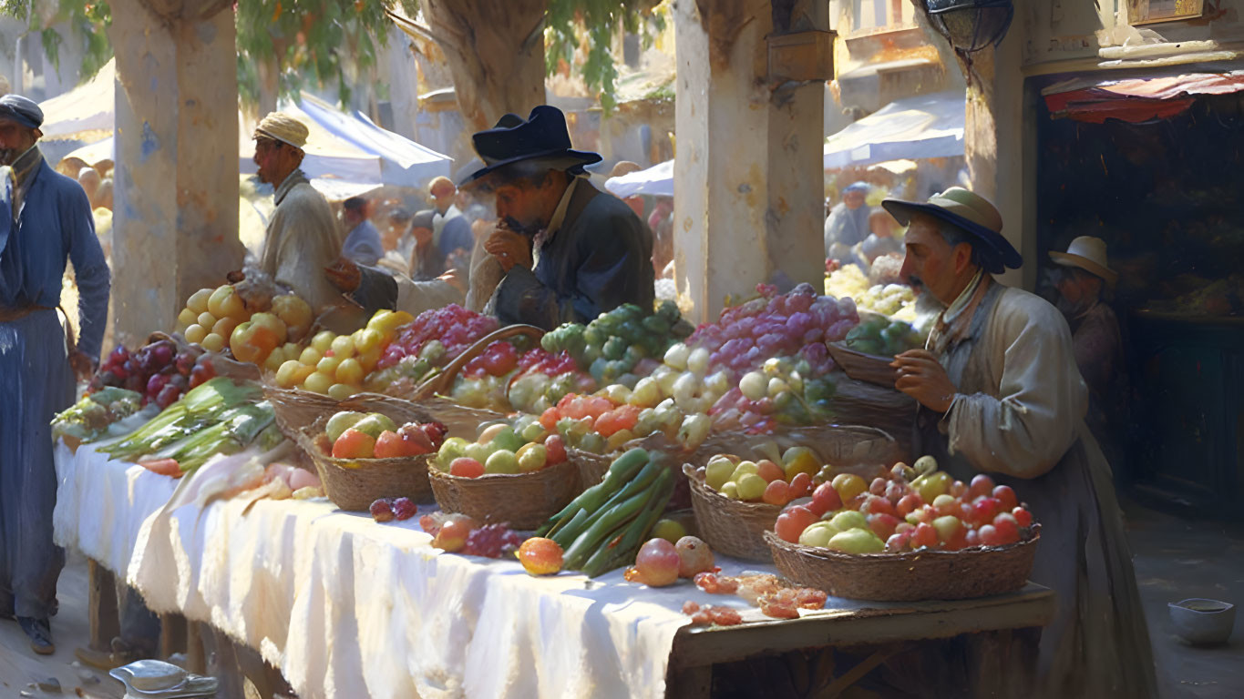 Vibrant market scene with colorful fruits and daily life activities