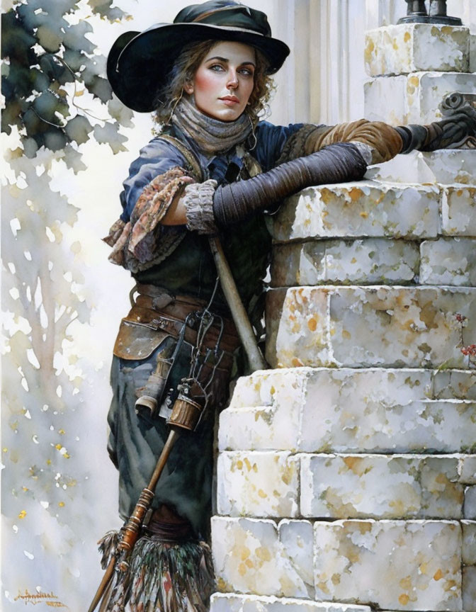 Historical woman with rifle and broom leaning on stone wall