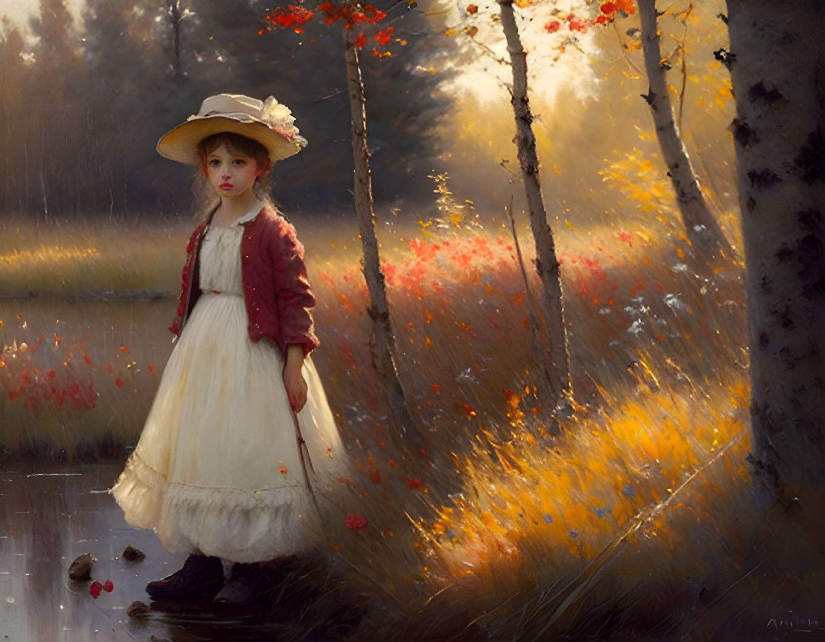 Young girl in vintage dress and hat in sunlit autumn forest glade