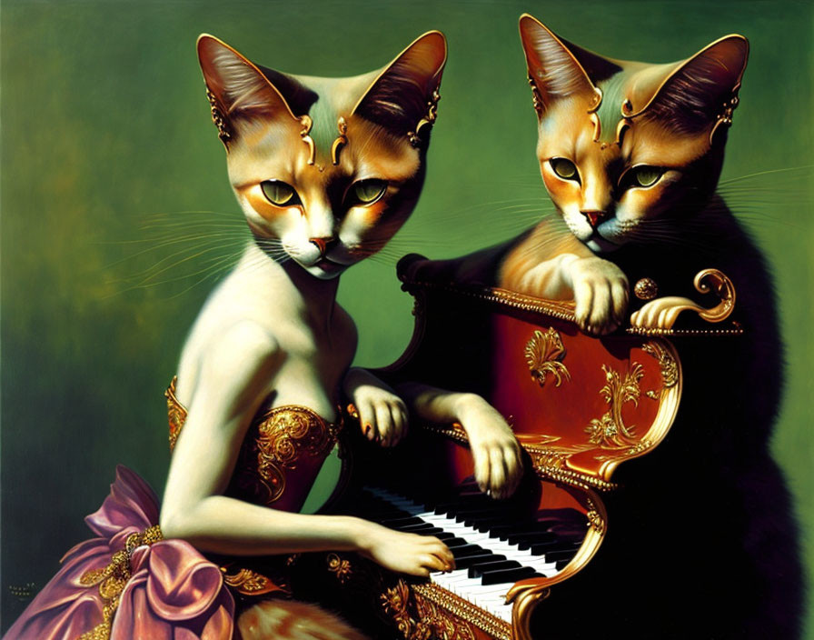 Anthropomorphic cats playing grand piano in surreal setting