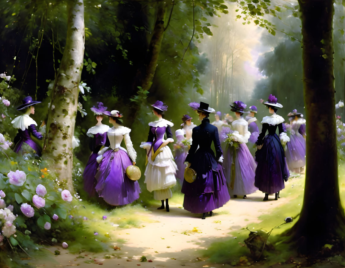 Elegantly dressed women in purple and white gowns stroll forest path