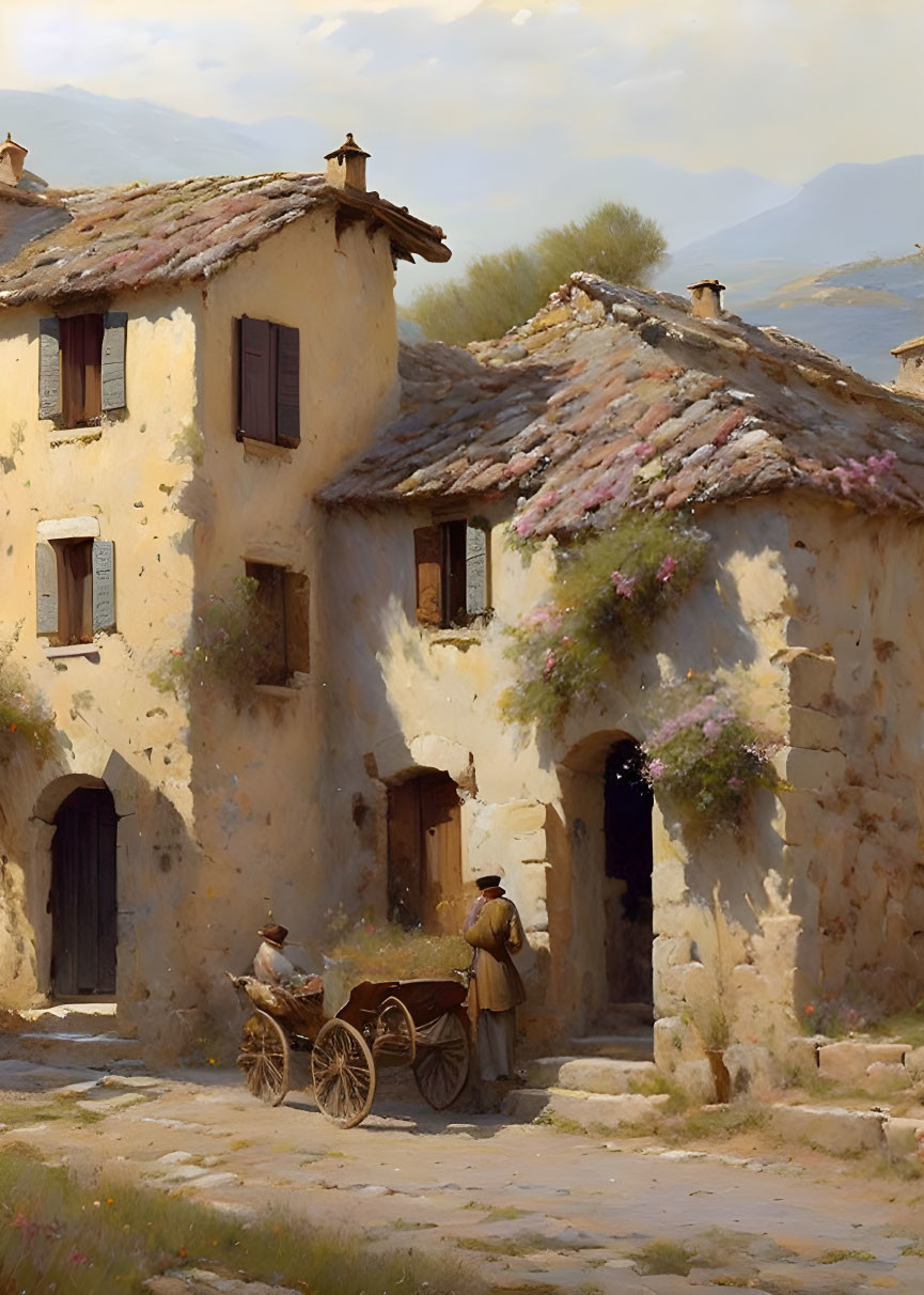 Rustic houses, horse-drawn cart, and serene setting captured in artwork