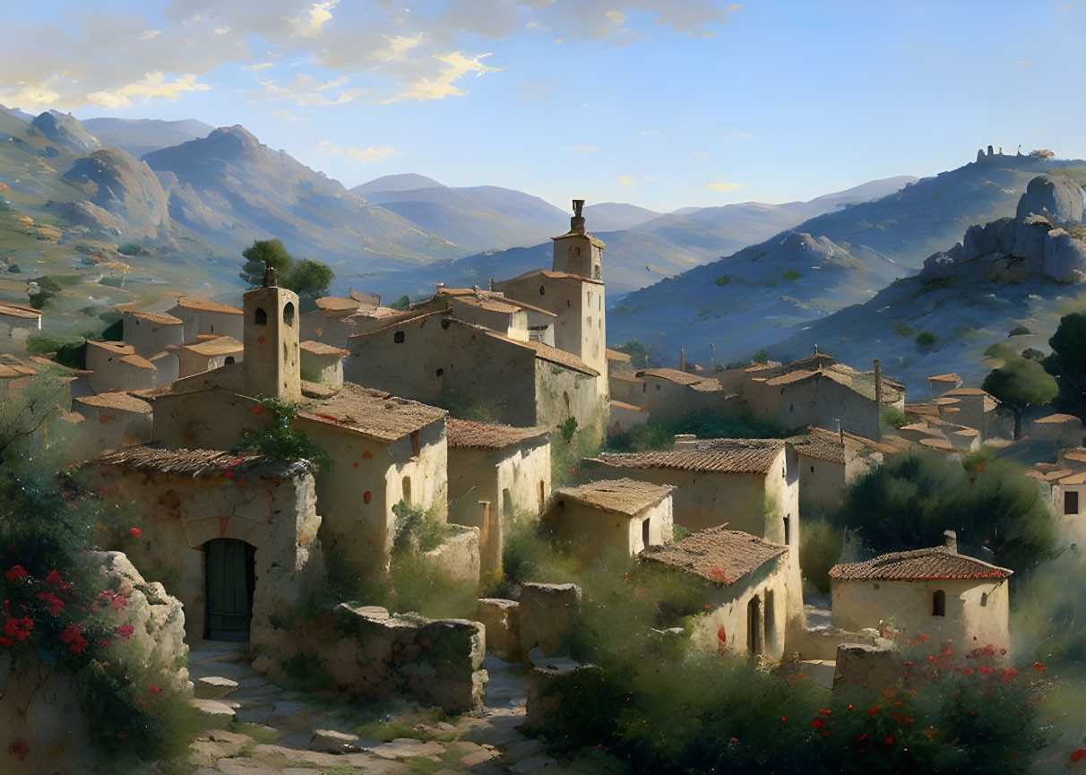 Rustic village painting: stone houses, tower, rolling hills, cloudy sky