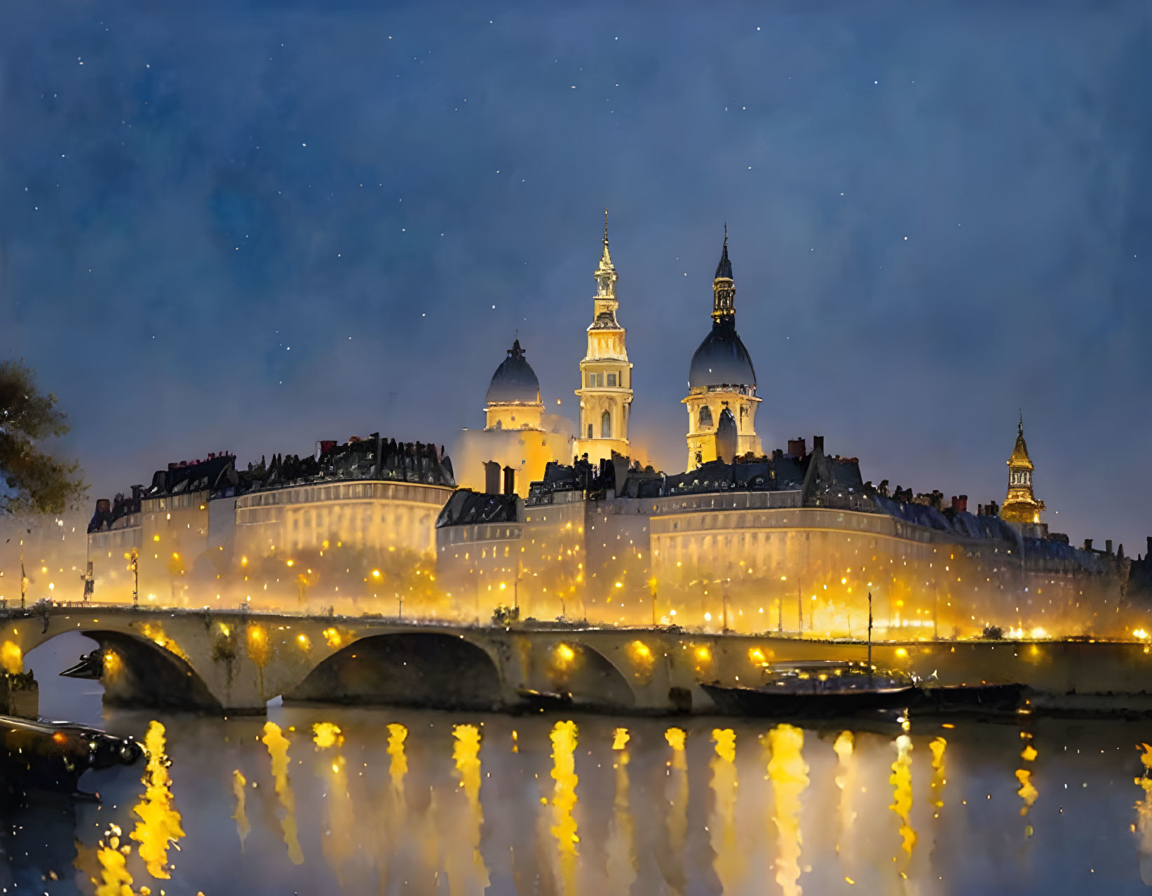 Historic building with illuminated facade and domes reflected in river at twilight.