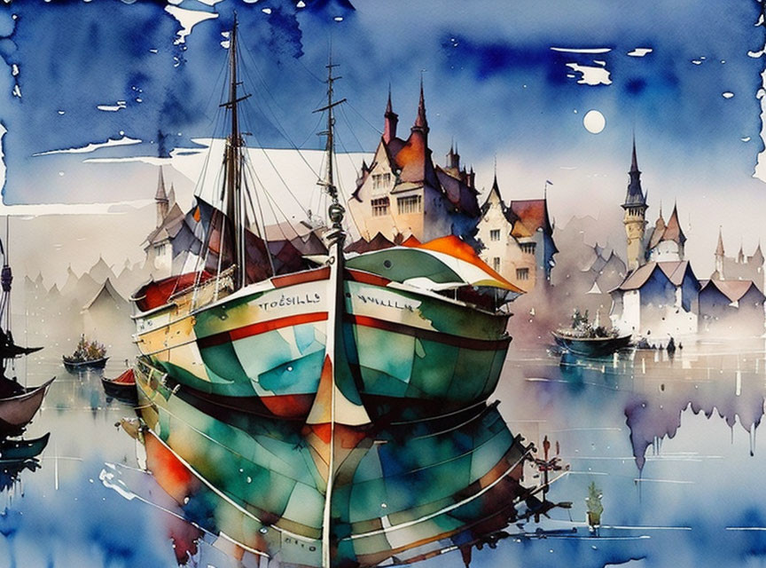 Moonlit watercolor painting of boats and riverside town.