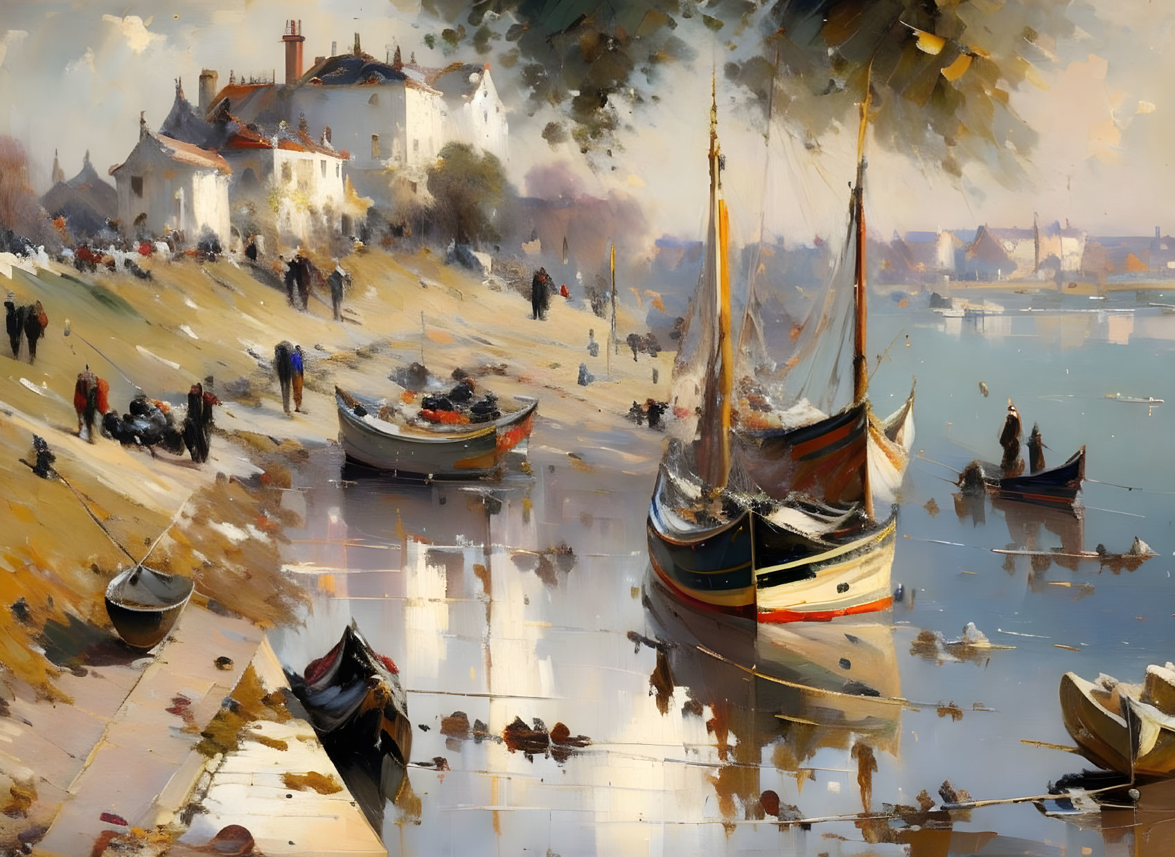 Tranquil harbor scene with boats, people, and buildings under a sunny sky